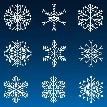 Collection of vector white snowflakes isolated on blue background. Stock Illustration