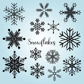 Collection of vector white snowflakes isolated on blue background. Illustrazione stock