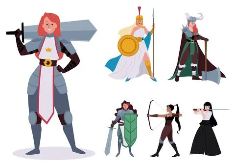 Collection of vector women warriors in flat design. Stock Illustration