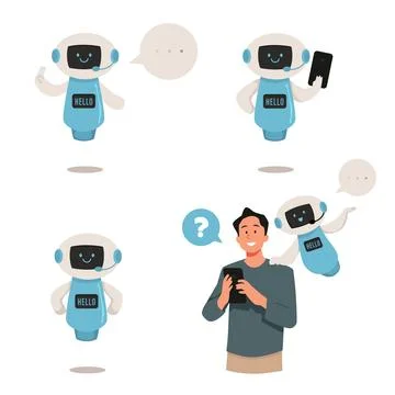 A collection of vectors for online support, cute robot characters wearing Stock Illustration