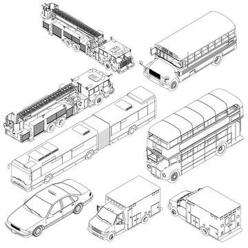 Collection of vehicles including a bus, a fire truck, and a car. The vehicles Illustrazione stock