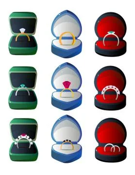 Collection of Velvet Opened Gift Boxes with Rings, Jewelry Cases of Various 库存插图