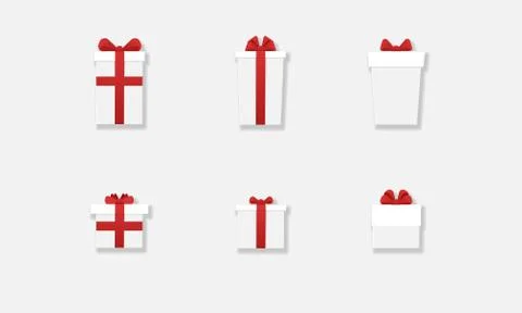 Collection of vertical and square white shopping boxes with red ribbon Stock Illustration