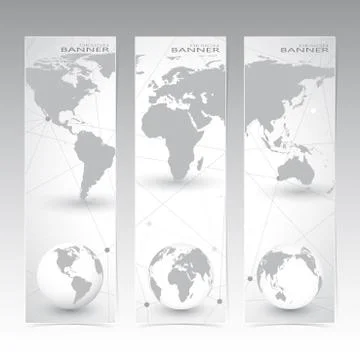 Collection vertical banner design. World Map and globes. Molecule and Stock Illustration