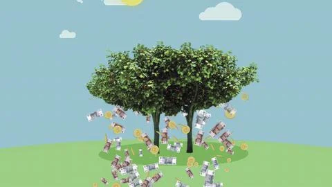 A Collection of Vibrant Cartoon Trees Set Against a Beautifully Sunny Sky, Full Stock Illustration