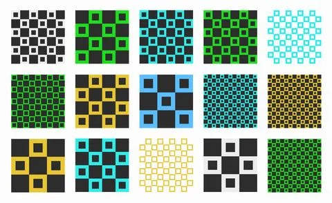 Collection of vibrant checkered patterns with colorful linear squares. Geomet イラスト素材