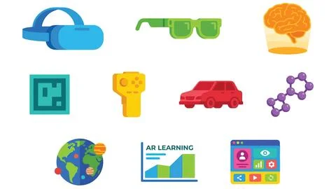 Collection of vibrant icons for augmented reality education technology and .. 库存插图