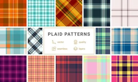 Collection of vibrant plaid patterns. Seamless vector designs in various co.. Stock Illustration