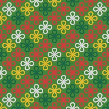 Collection of vibrant seamless linear patterns with clover shapes on a festiv Stock Illustration