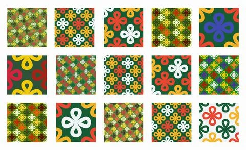 Collection of vibrant seamless linear patterns with clover shapes on a bright Stock Illustration