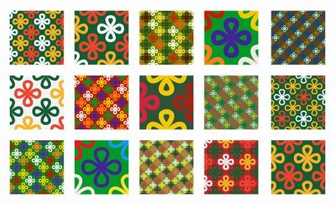 Collection of vibrant seamless linear patterns with clover shapes on a bright Stock Illustration