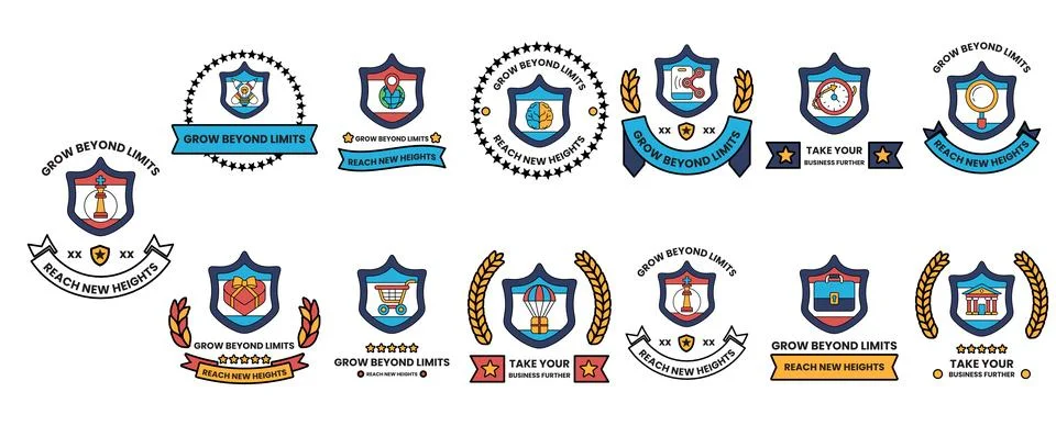 Collection of vibrant, stylized emblems with shields, crests, and banners Stock Illustration