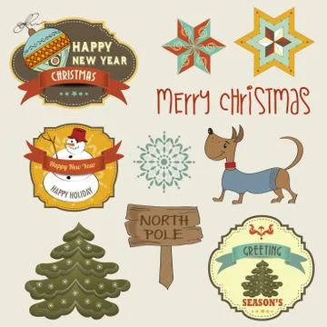 Collection of vintage christmas decorative elements and labels Stock Illustration