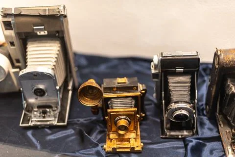 Collection of vintage folding cameras displayed in an antique store in Seou.. 스톡 사진