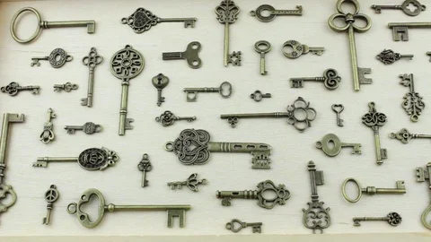 Collection of vintage keys Stock Footage 80146892