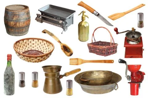 Collection of vintage kitchen objects isolated over white background Stock Photos