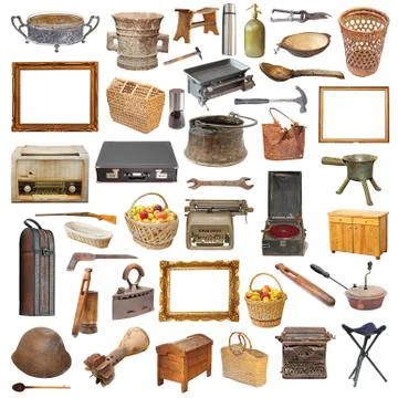 Collection of vintage objects isolated over white background Stock Photos
