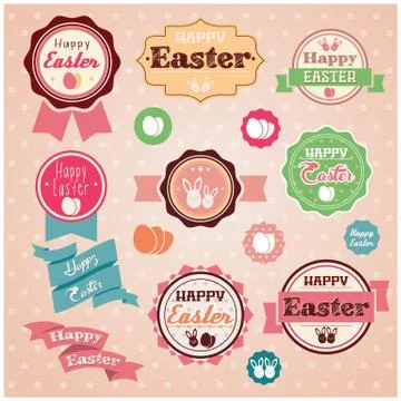 Collection of vintage retro Easter labels, stickers, badges and ribbons, vect Stock Illustration