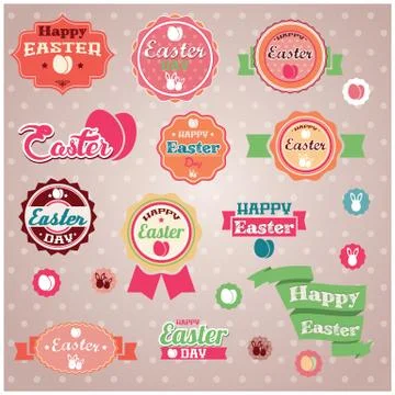 Collection of vintage retro Easter labels, stickers, badges and ribbons, vect Stock Illustration