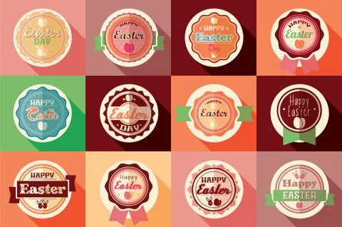 Collection of vintage retro Easter labels, stickers, badges and ribbons, vect Stock Illustration
