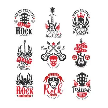 Collection of vintage rock music emblems. Original monochrome label for festival Stock Illustration