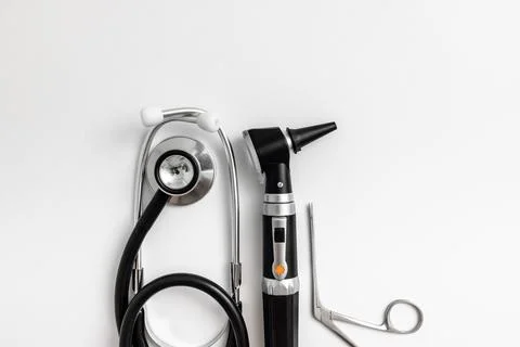 Collection of vital instruments utilized in a hearing clinic highlights the.. Fotos Stock