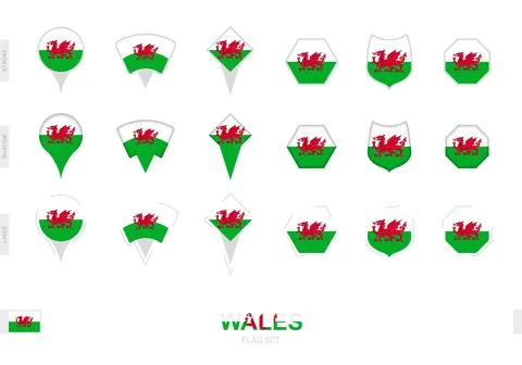 Collection of the Wales flag in different shapes and with three different e.. Stock Illustration