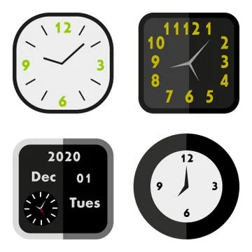 Collection of wall clocks with Arabic numerals in dark colors. Flat style. Is Stock Illustration