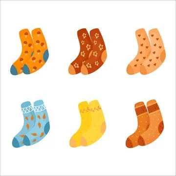 A collection of warm multi colored flat socks isolated on a white background. Stock Illustration