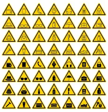 Collection of Warning Signs Featuring Common Objects and Safety Symbols 스톡 일러스트