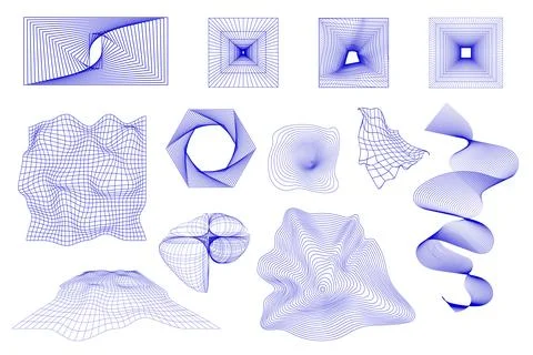 Collection of warped grid structures, topographic curves, and abstract forms Stock Illustration