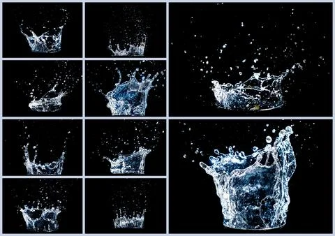Collection of water splashes on black background Stock Photos