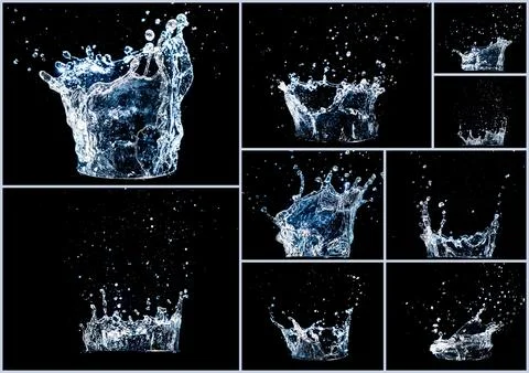 Collection of water splashes on black background Stock Photos