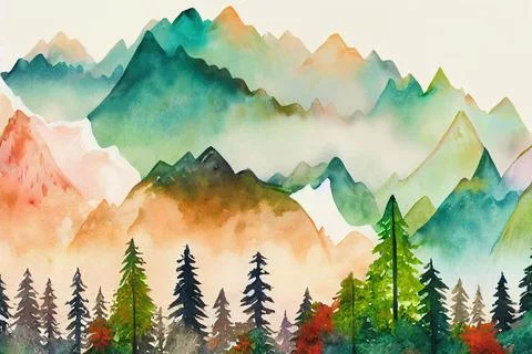 Collection of watercolor forest landscapes and mountain view Stock Illustration