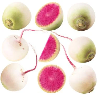 Collection of watermelon radishes. Different angles of whole, half and piece of Stock Photos