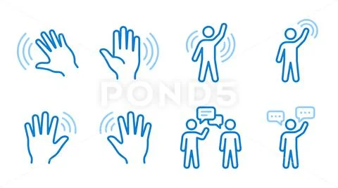 Collection of waving hand and people icons in blue outline style transparent PSD Template