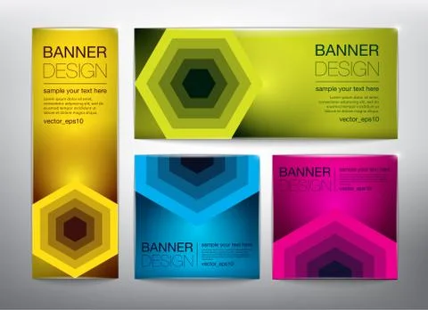 Collection of web banners in 4 different colors and geometric hexagonal designs. Illustrazione stock