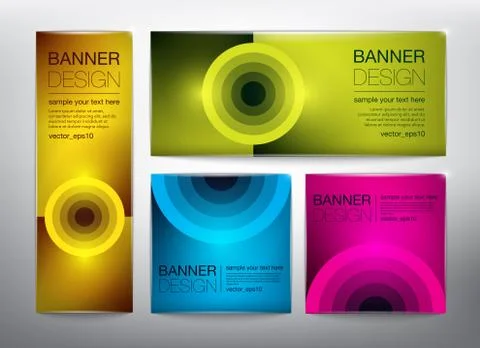 Collection of web banners in 4 different colors and geometric, circular design. Ilustración de archivo