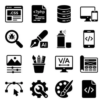 Collection of web development and design icons including CSS file, PHP docu.. 库存插图