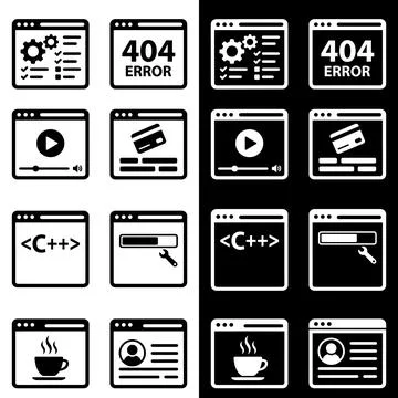 Collection of web interface icons including settings, 404 error, video play.. Ilustração Stock