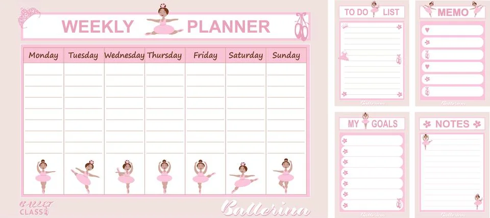 Collection of weekly planner, to do list, list My goals, Memo, Notes for girls Stock Illustration