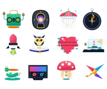 Collection of Whimsical Flat Icons Stock Illustration