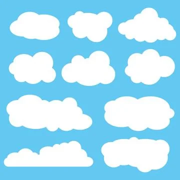 Collection of white cloud illustrations. Vector set of cartoon clouds in flat Stock Illustration