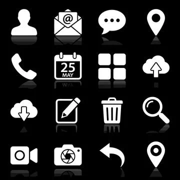 Collection of white digital interface icons for user profile, email, chat, .. Stock Illustration