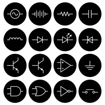Collection of white electronic circuit schematic symbols on black circles, .. Stock Illustration