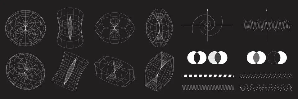 Collection of white geometric waveforms, force field diagrams, and mathematical Illustrazione stock