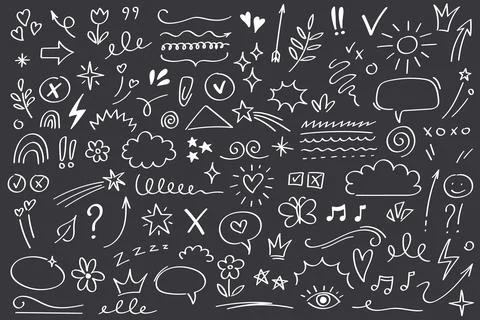 Collection White Hand Drawn Doodle Elements Set Chalk Style Sketch Icons Arrows Stock Illustration