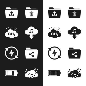 Collection of white icons representing data upload, trash, methane gas clou.. Stockillustratie