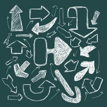 Collection of white scribble arrows hand-drawn on a green background. Vector Stockillustratie