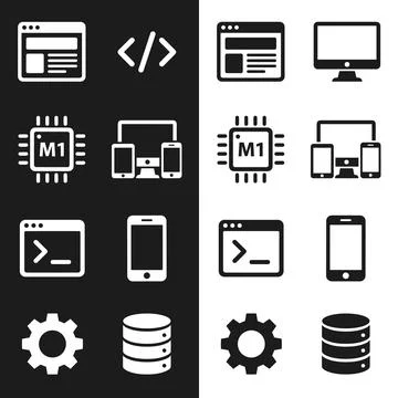 Collection of white technology and coding icons on black and white backgrou.. Stock Illustration